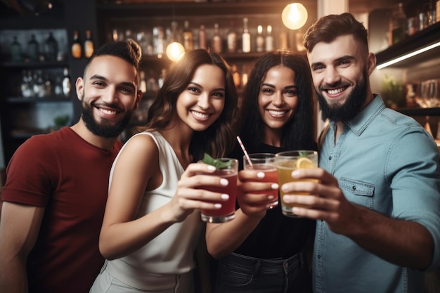 Shot van een groep vrienden die bij elkaar staan en hun drankjes vasthouden, gemaakt met generatieve AI