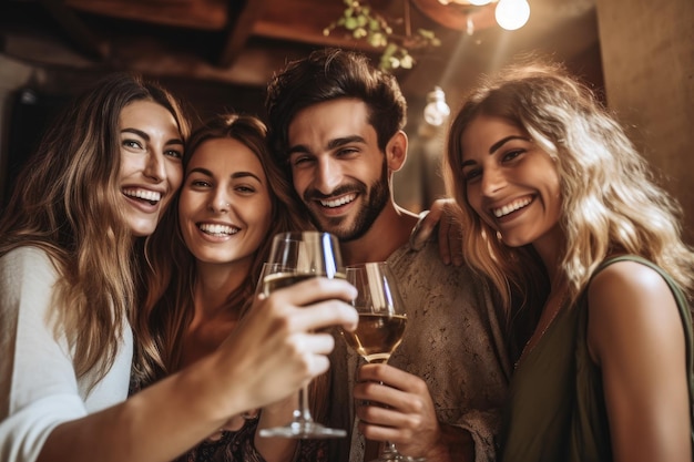 Shot van een groep vrienden die feest viert met champagne gemaakt met generatieve AI