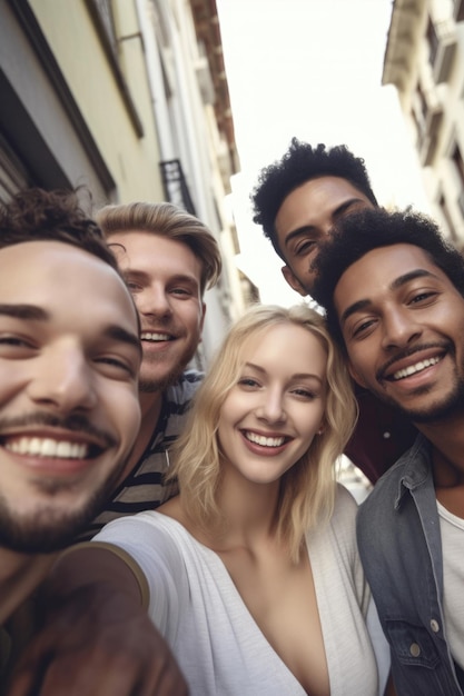 Shot van een groep vrienden die samen buiten een selfie maken, gemaakt met generatieve AI