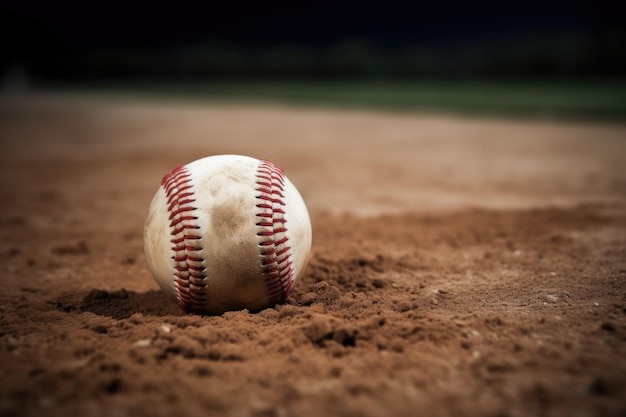 Shot van een honkbal dat op het veld ligt, gemaakt met generatieve AI