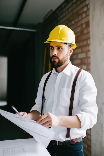 Shot van een jonge architect die aantekeningen schrijft terwijl hij bouwinspecties uitvoert