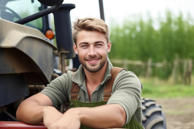 Foto shot van een jonge boer die op zijn tractor zit en glimlachend naar de camera kijkt