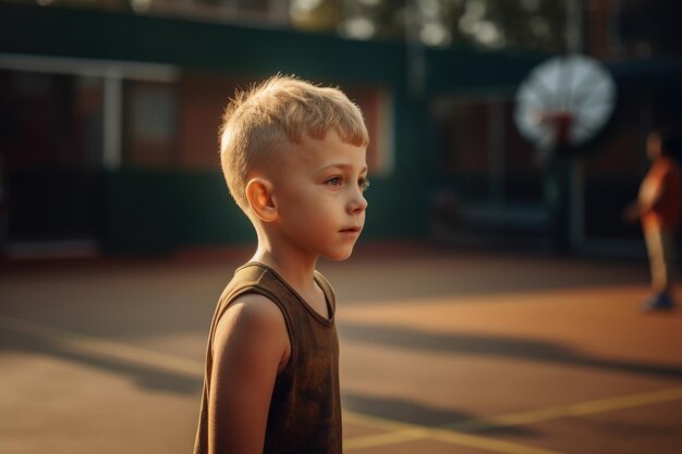 Shot van een jonge jongen die basketbal speelt op een sportveld gemaakt met generatieve AI