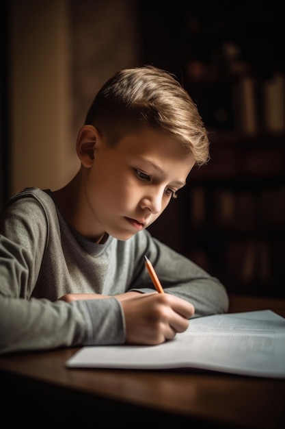 Shot van een jonge jongen die zijn huiswerk thuis doet, gemaakt met generatieve AI