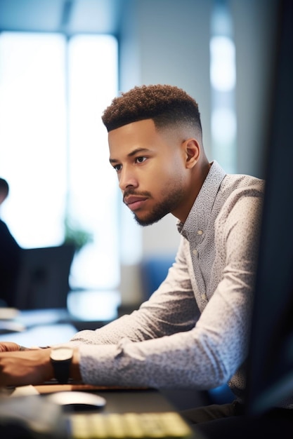 Shot van een jonge man aan het werk op een computer in een kantoor gemaakt met generatieve AI