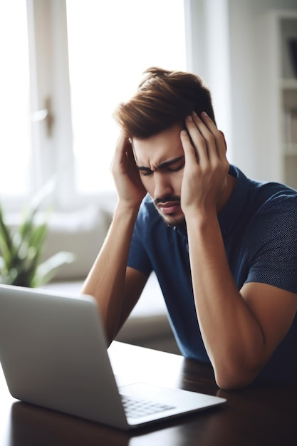 Shot van een jonge man die aan een depressie lijdt en zijn laptop gebruikt