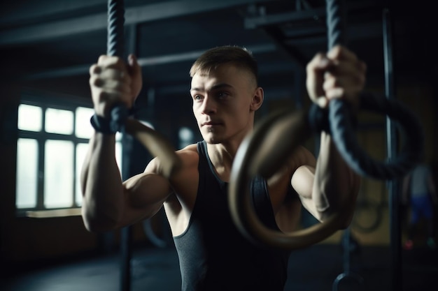 Shot van een jonge man die gymnastiek beoefent op de ringen bij sport gemaakt met generatieve ai