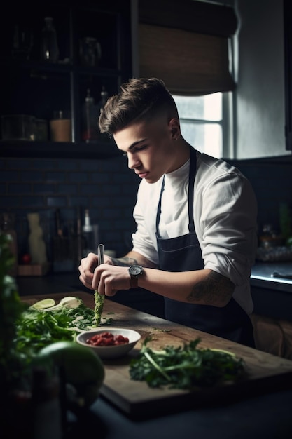 Foto shot van een jonge man die ingrediënten hakt in een keuken gemaakt met generatieve ai