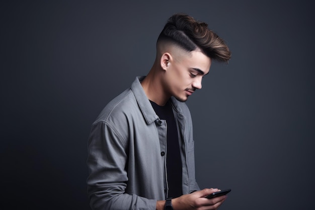 Shot van een jonge man die zijn mobiele telefoon gebruikt tegen een grijze achtergrond gemaakt met generatieve AI