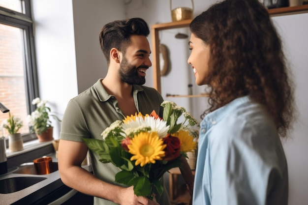 Shot van een jonge man die zijn partner wat bloemen geeft terwijl zij thuis werkt