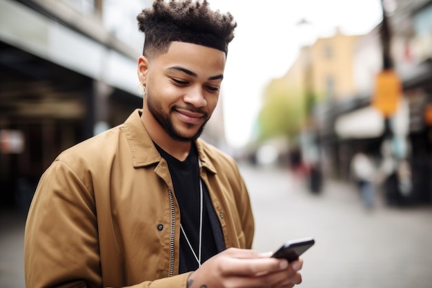 Shot van een jonge man die zijn smartphone gebruikt om een betaling uit te voeren die is gemaakt met generatieve AI