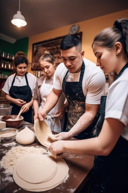 Shot van een jonge man die zijn studenten laat zien hoe ze tortilladeeg maken gemaakt met generatieve AI