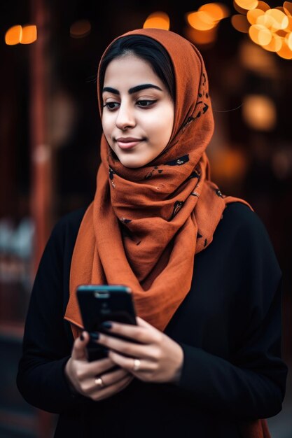 Shot van een jonge moslimvrouw die haar mobiele telefoon gebruikt, gemaakt met generatieve AI