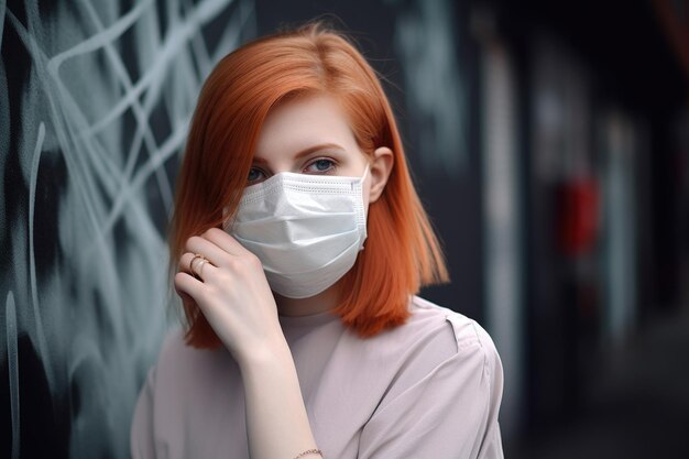 Shot van een jonge vrouw die bezorgd kijkt terwijl ze met haar masker op staat, gemaakt met generatieve ai