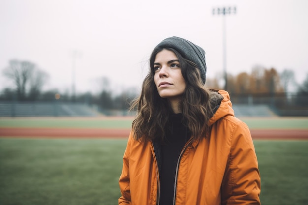 Shot van een jonge vrouw die bij een honkbalveld staat, gemaakt met generatieve AI