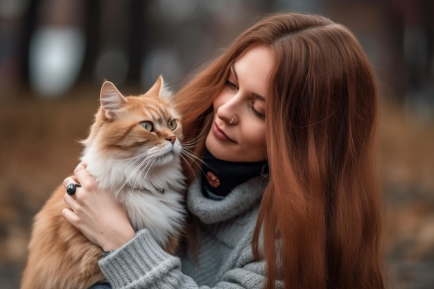 Shot van een jonge vrouw die buiten met haar kat speelt