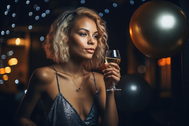 Shot van een jonge vrouw die champagne drinkt op een feest gemaakt met generatieve AI
