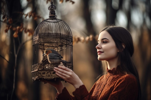 Shot van een jonge vrouw die een decoratieve vogelkooi omhoog houdt