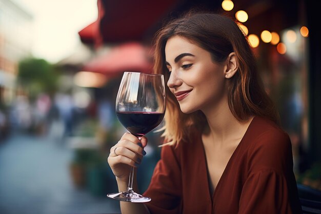 Shot van een jonge vrouw die geniet van een glas rode wijn op een terras