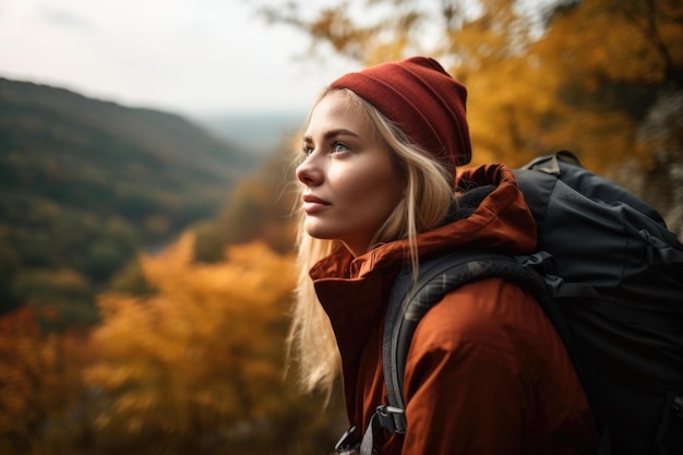 Shot van een jonge vrouw die geniet van het uitzicht tijdens een wandeling in de natuur gemaakt met generatieve AI