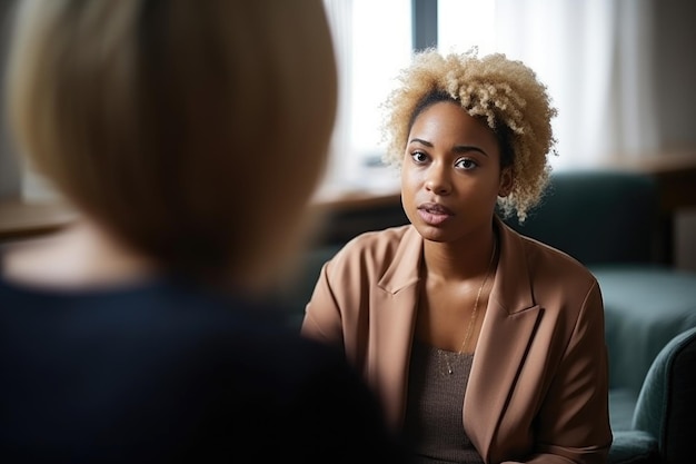 Shot van een jonge vrouw die haar cliënt toespreekt tijdens een sessie thuis, gemaakt met generatieve AI