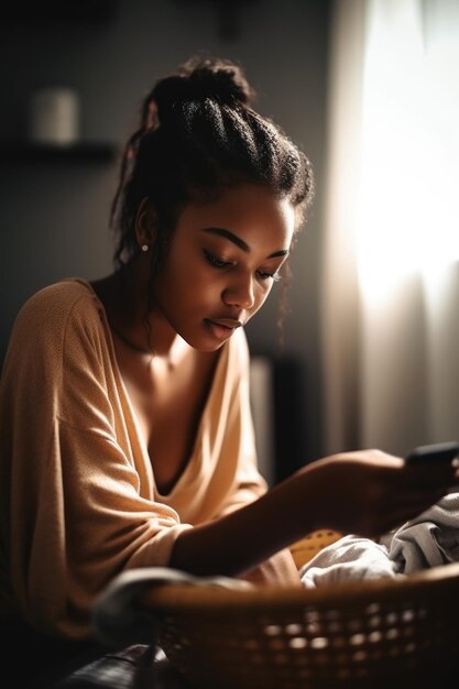 Shot van een jonge vrouw die haar mobiele telefoon gebruikt terwijl ze thuis de was doet