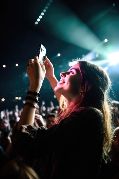 Shot van een jonge vrouw die haar smartphone gebruikt om foto's te maken tijdens een concert gemaakt met generatieve AI