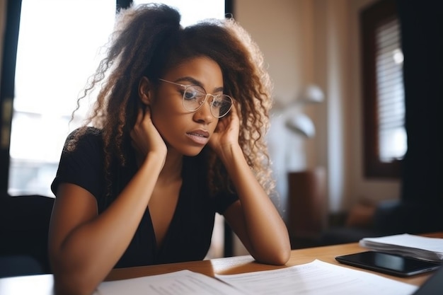 Shot van een jonge vrouw die het warm heeft terwijl ze thuis werkt, gemaakt met generatieve AI