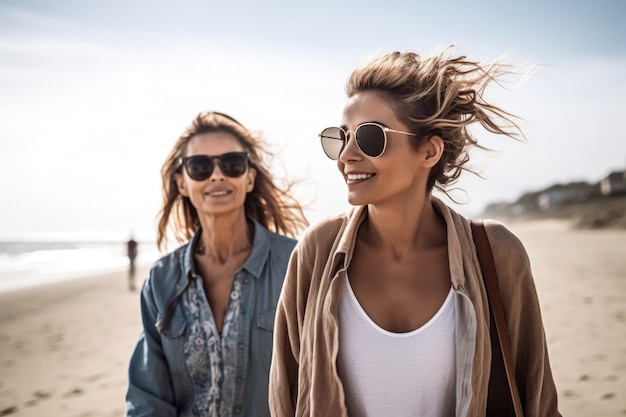 Foto shot van een jonge vrouw die met haar moeder een strandwandeling maakt, gemaakt met generatieve ai