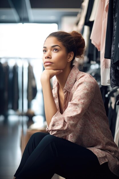 Shot van een jonge vrouw die nadenkend kijkt terwijl ze in een kledingwinkel zit