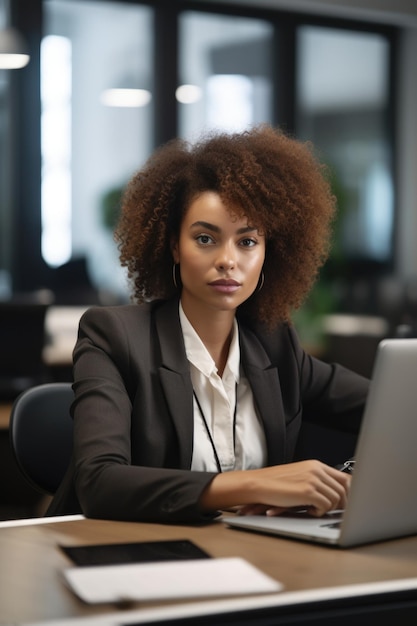 Shot van een jonge vrouw die op haar laptop werkt in een modern kantoor