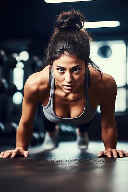 Shot van een jonge vrouw die push-ups doet tijdens haar training in de sportschool gemaakt met generatieve AI