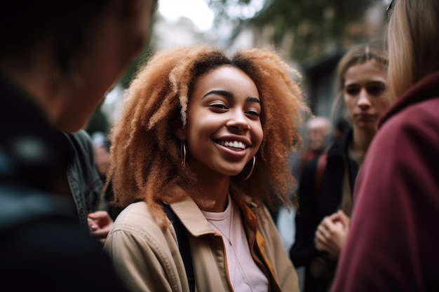 Shot van een jonge vrouw die samen met haar vrienden deelneemt aan een bewustmakingsevenement dat is gemaakt met generatieve AI