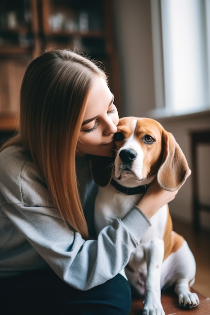 Shot van een jonge vrouw met haar emotionele steunhond gemaakt met generatieve AI