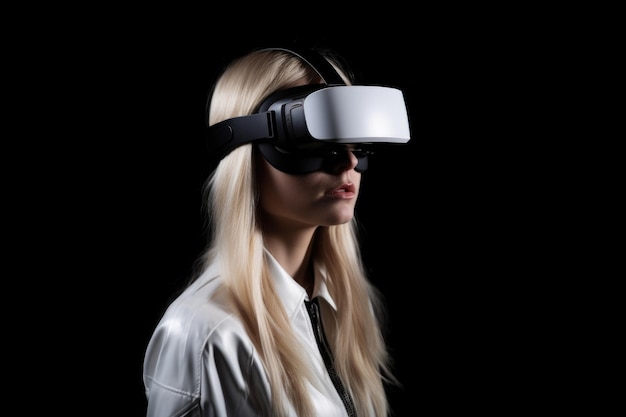 Shot van een jonge vrouw met haar hoofd in een virtuele headset gemaakt met generatieve AI