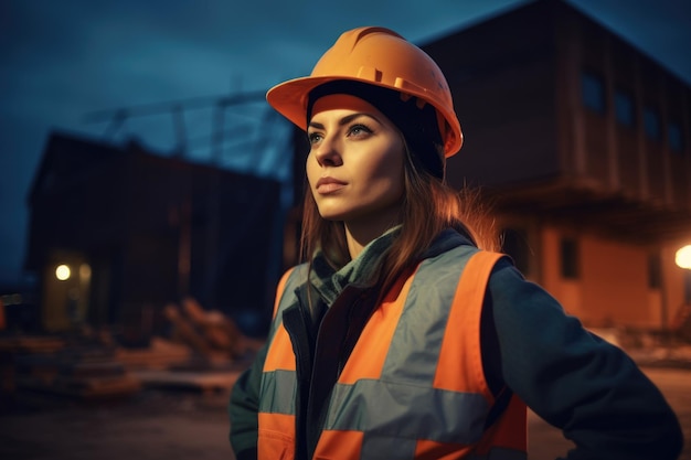Shot van een jonge vrouwelijke bouwer die overuren maakt op een bouwplaats