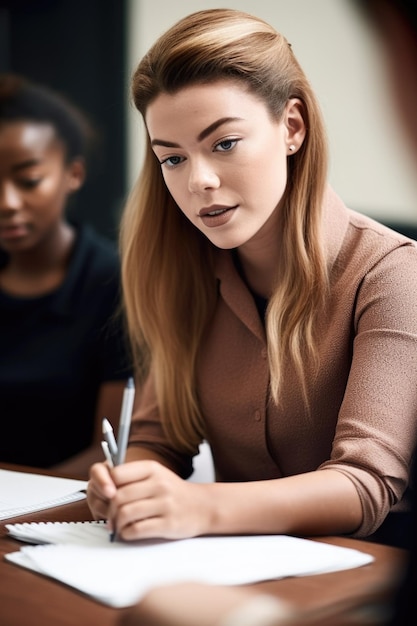 Shot van een jonge vrouwelijke lerares die haar studenten examenvoorbereidingstips geeft, gemaakt met generatieve AI