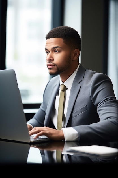 Shot van een jonge zakenman die aan een laptop werkt in een kantoor dat is gemaakt met generatieve AI