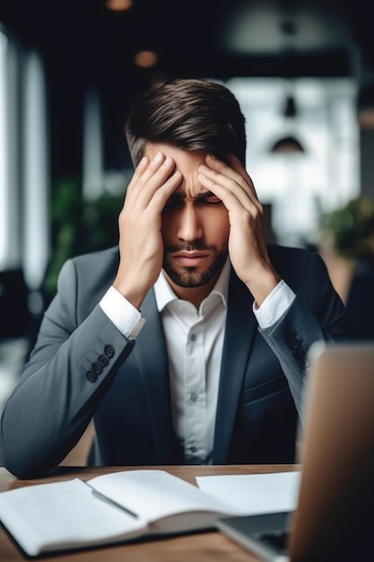 Shot van een jonge zakenman die lijdt aan hoofdpijn op het werk gemaakt met generatieve ai