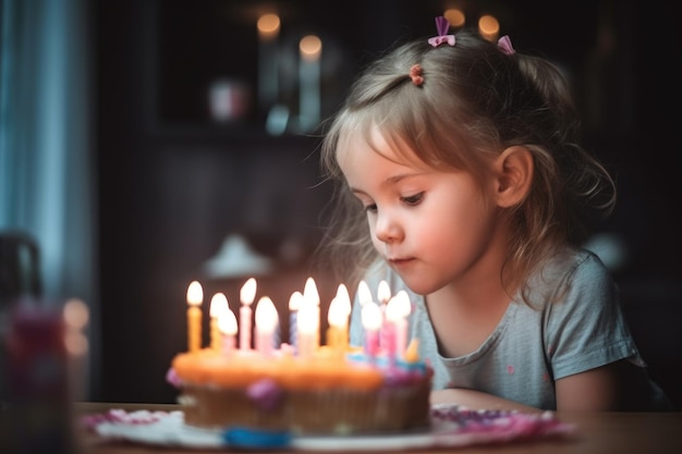 Shot van een klein meisje dat haar kaarsjes uitblaast op haar verjaardagstaart gemaakt met generatieve AI