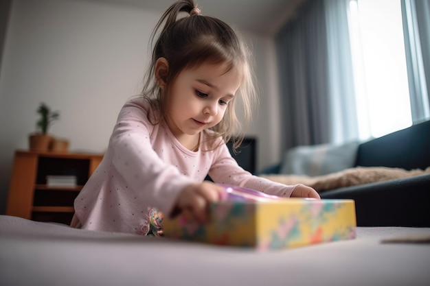 Shot van een klein meisje dat haar verjaardagscadeau opent, gemaakt met generatieve AI