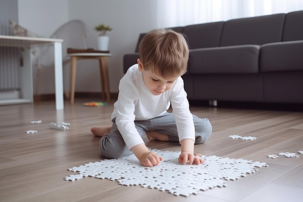 Shot van een kleine jongen die puzzelstukjes doet op de vloer gemaakt met generatieve AI