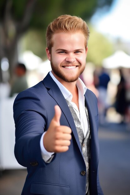 Shot van een knappe man die zijn duimen opgeeft tijdens een evenement