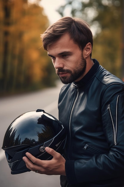 Shot van een man die zijn motorhelm vasthoudt aan de kant van de weg, gemaakt met generatieve AI