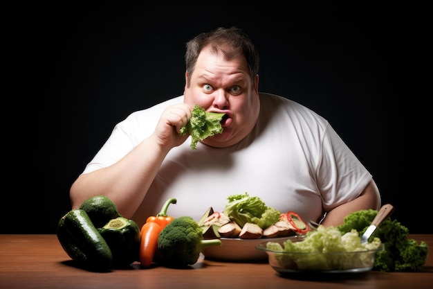 Shot van een man met overgewicht die zijn groenten eet die gemaakt zijn met generatieve AI