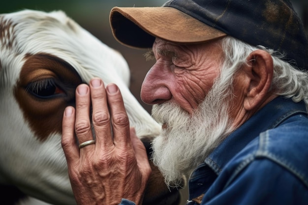 Shot van een onherkenbare boer die de neus van een vee op zijn boerderij aait