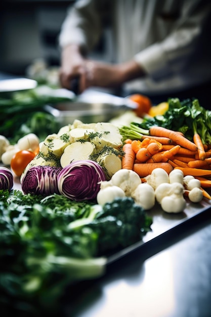 Shot van een onherkenbare chef-kok groenten in een keuken gemaakt met generatieve AI