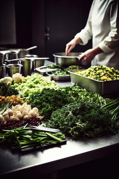 Shot van een onherkenbare chef-kok groenten in een keuken gemaakt met generatieve AI