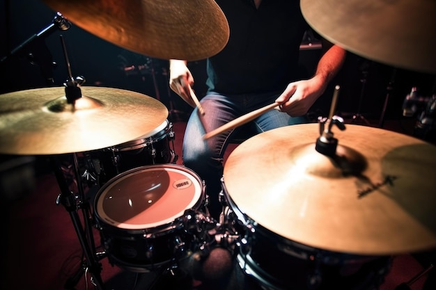 Shot van een onherkenbare drummer die de drums bespeelt die gemaakt zijn met generatieve AI