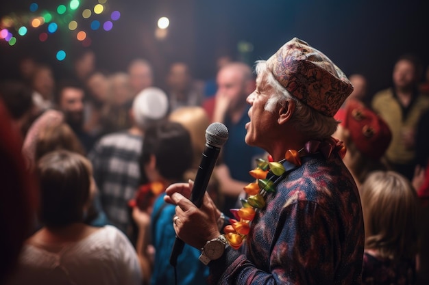 Foto shot van een onherkenbare man die een toespraak houdt op een feestelijk feest gemaakt met generatieve ai